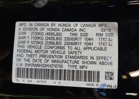 2019 Honda Cr-V Lx from USA, damaged, VIN 2HKRW6H32KH216705
